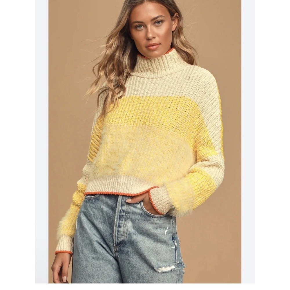 Free People‎ Sunbrite Yellow Multi Knit Turtleneck Sweater Women's Size S